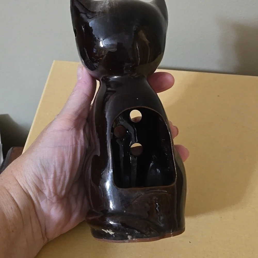Ceramic Brown Cat Figurine Candleholder 7.5 Inches